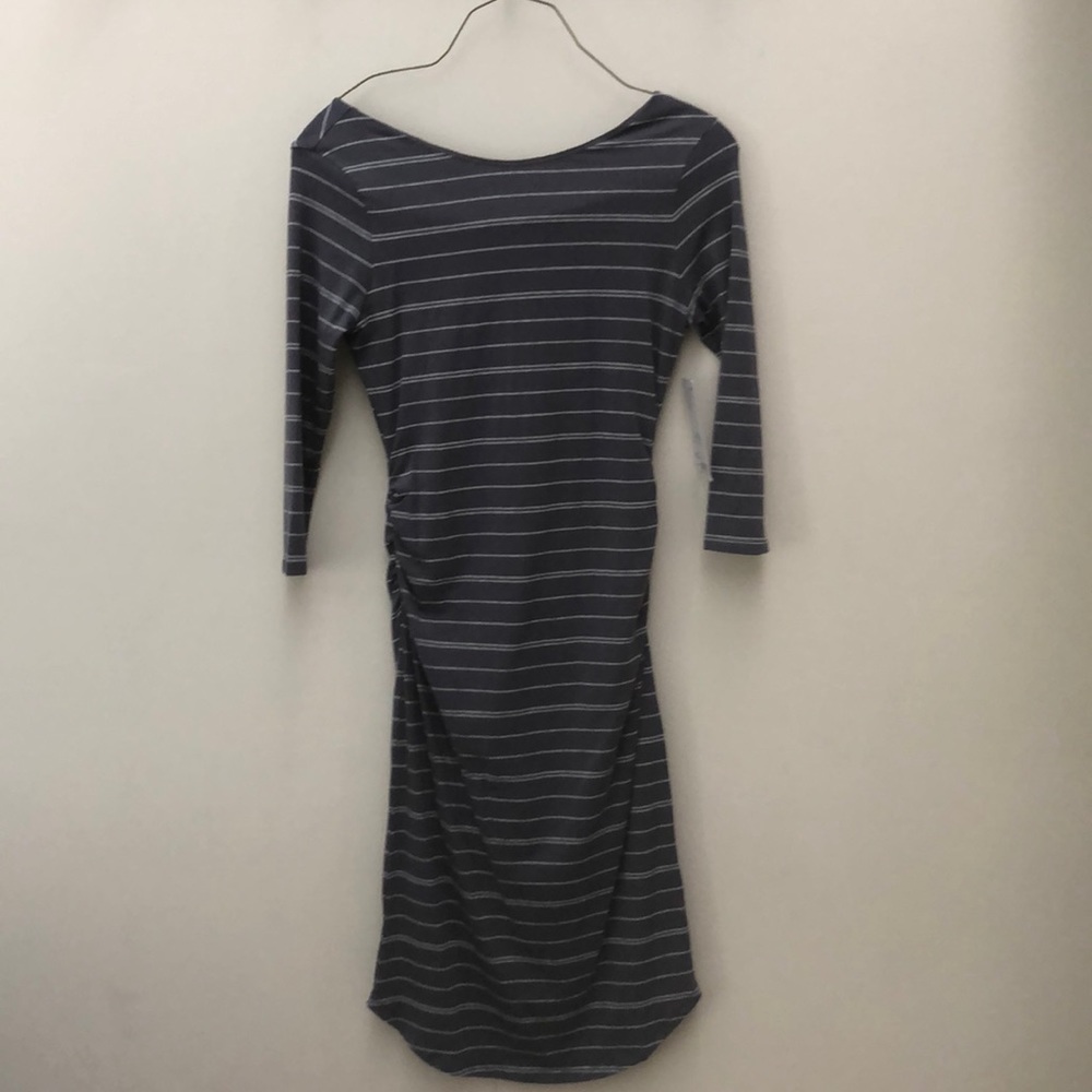 Athleta striped, form-fitting dress with ruching.